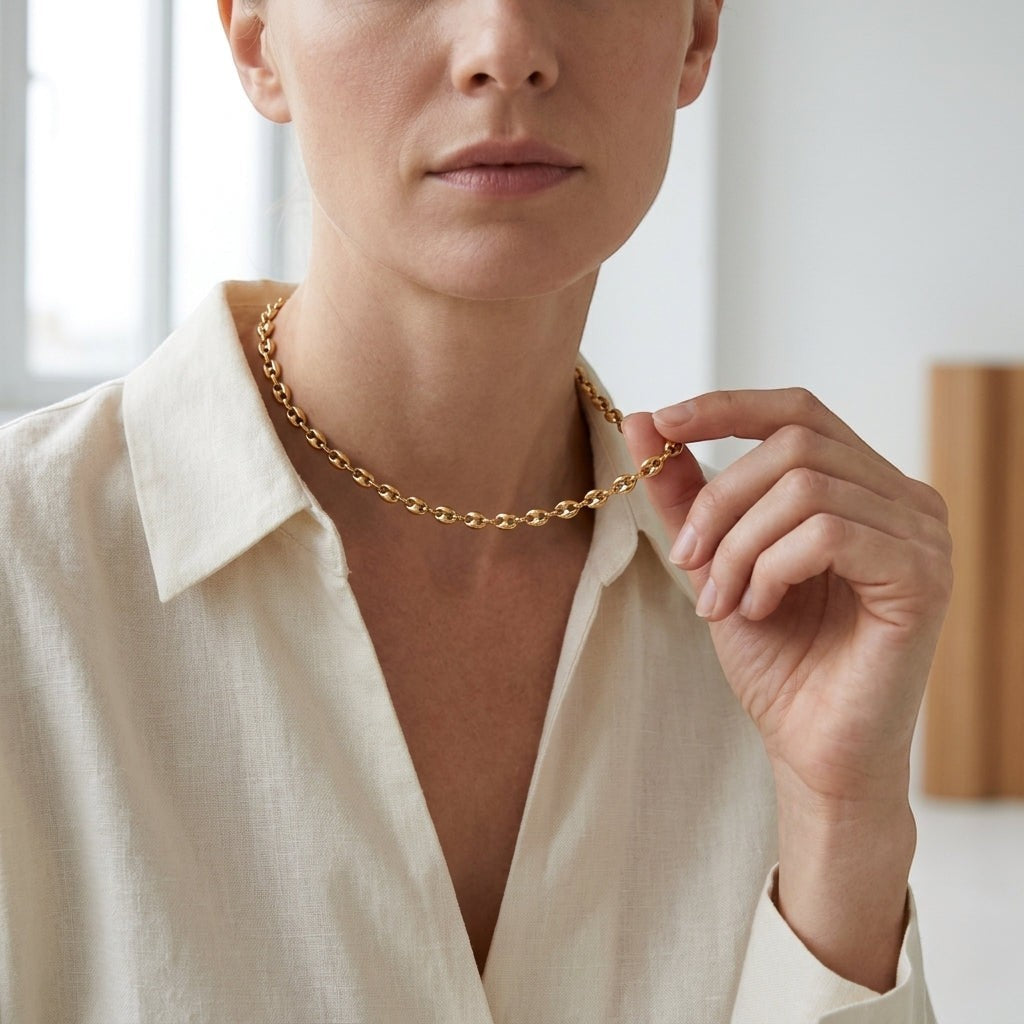 Aramat Jewels goudkleurige stalen koffieboon ketting van 4,5mm breed gedragen door een model in een wit overhemd.