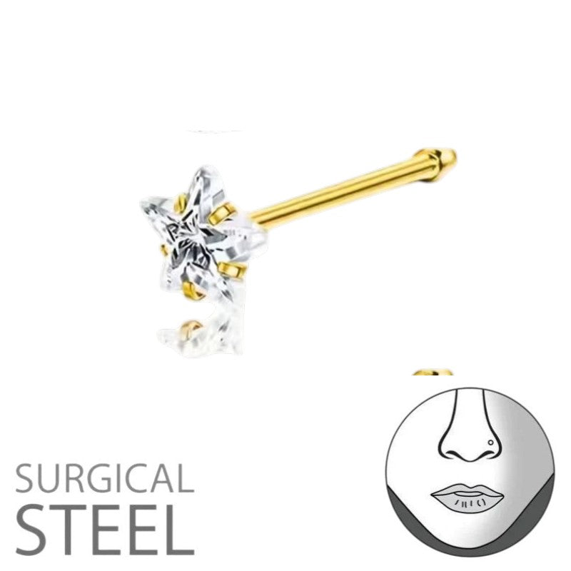 Aramat Jewels goudkleurige neuspiercing met 3mm stervormige zirkonia op een recht staafje van roestvrij staal.