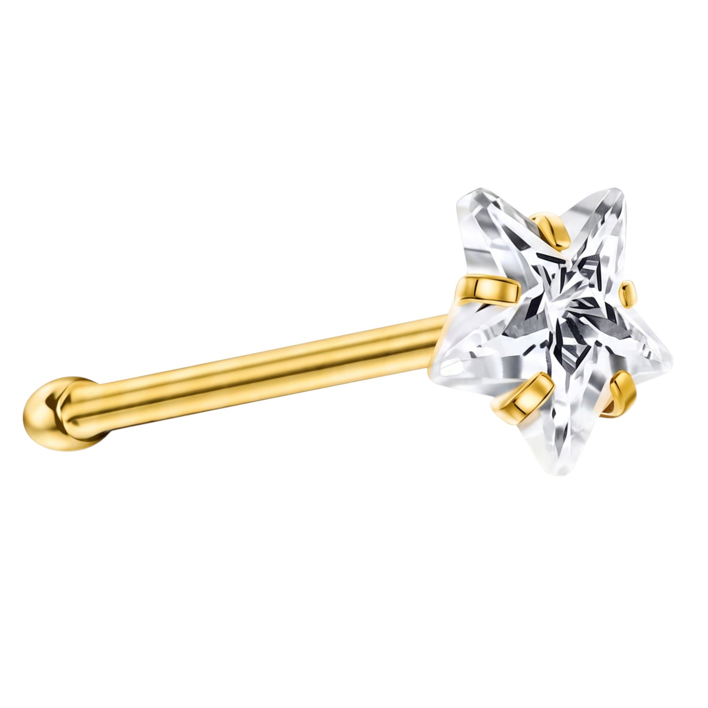Aramat Jewels goudkleurige neuspiercing met een 3mm stervormige zirkonia op een recht staafje van roestvrij staal.