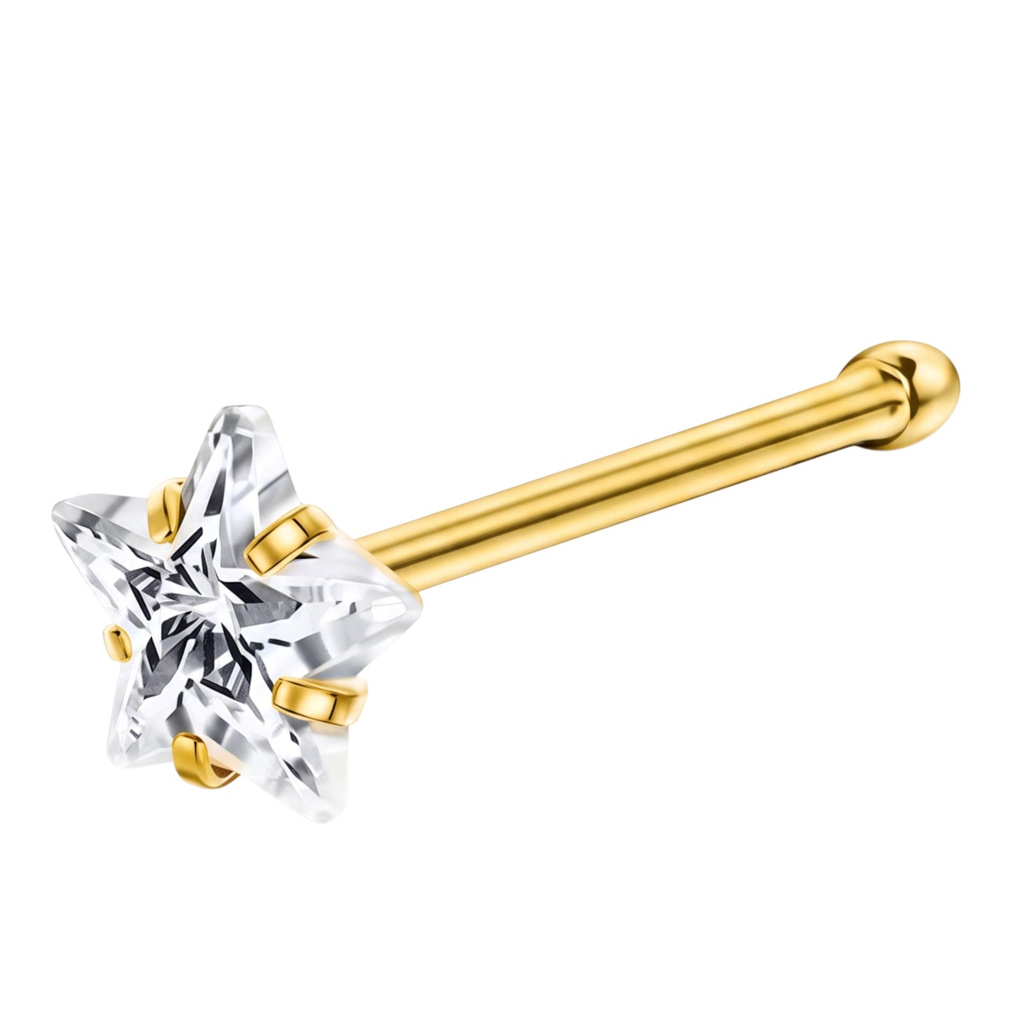 Aramat Jewels goudkleurige neuspiercing met een 3mm stervormige zirkonia steen op een recht staafje van roestvrij staal.