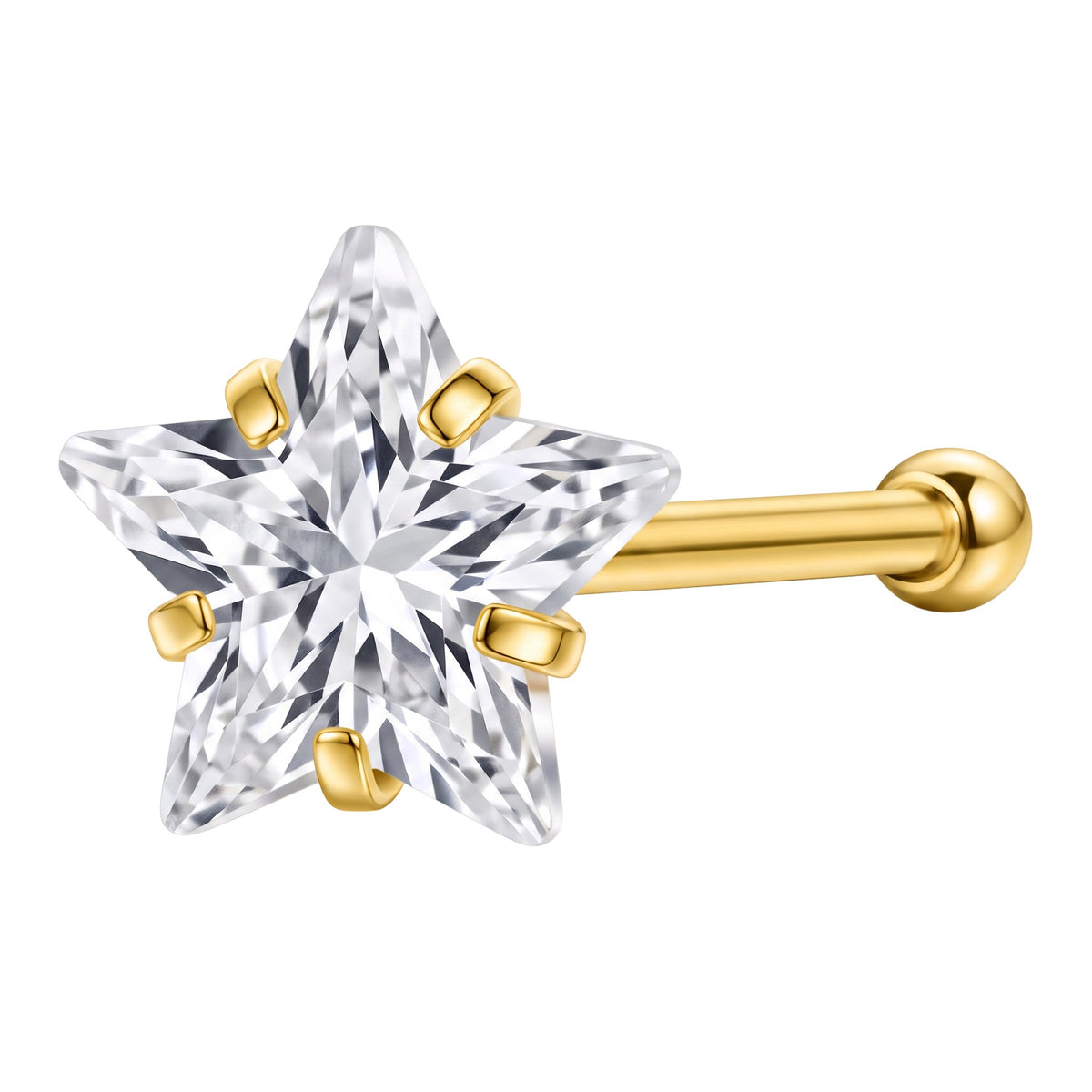 Aramat Jewels goudkleurige neuspiercing met een 3mm stervormige transparante zirkonia op een recht stalen staafje.