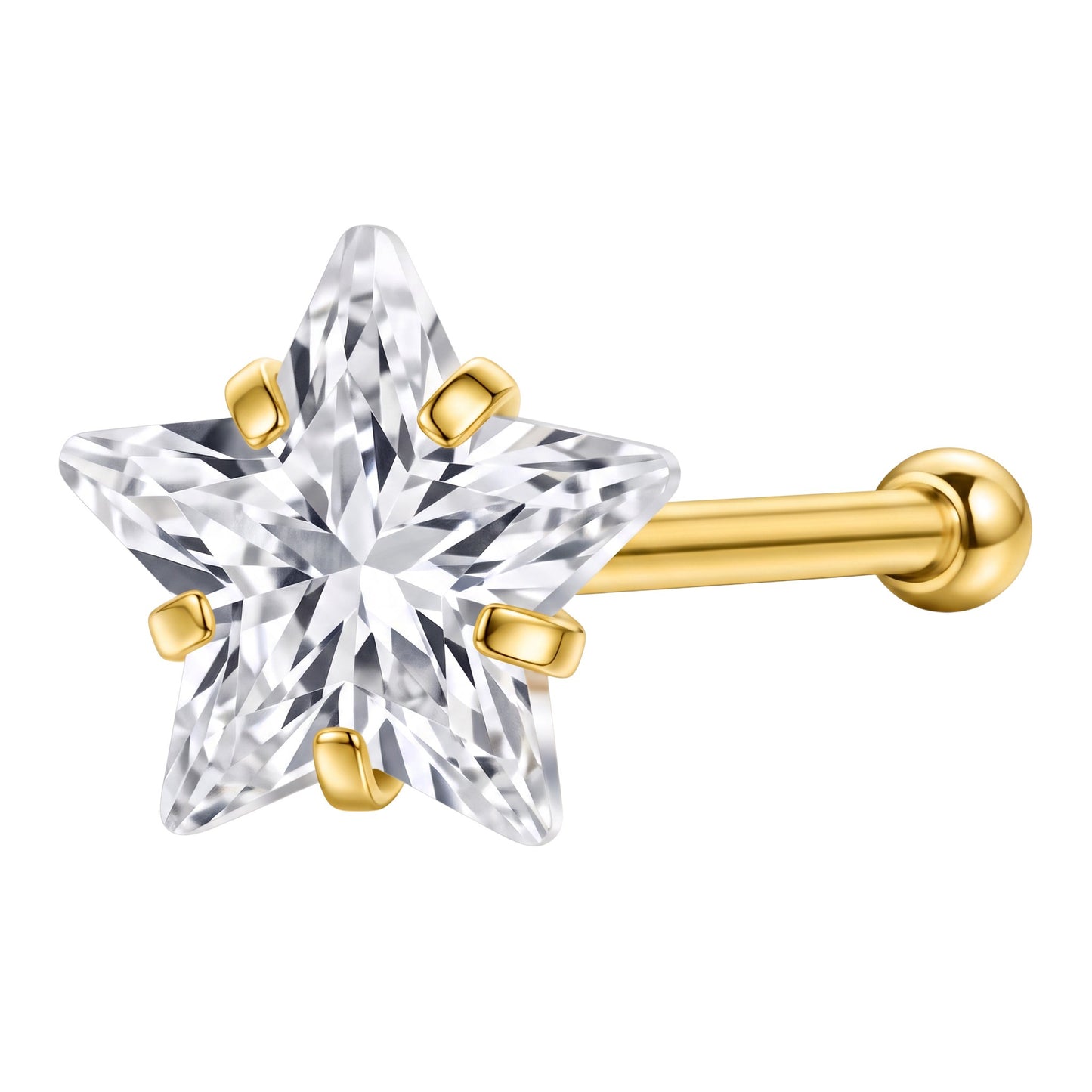 Aramat Jewels goudkleurige neuspiercing met een 3mm stervormige transparante zirkonia op een recht stalen staafje.