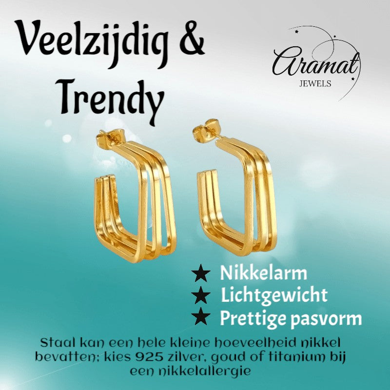 Aramat Jewels goudkleurige vierkante triple oorstekers van roestvrij staal met vlindersluiting