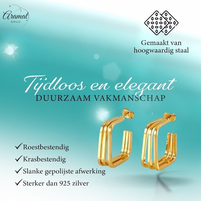 Aramat Jewels goudkleurige vierkante triple oorstekers van roestvrij staal met een elegante, gepolijste afwerking.