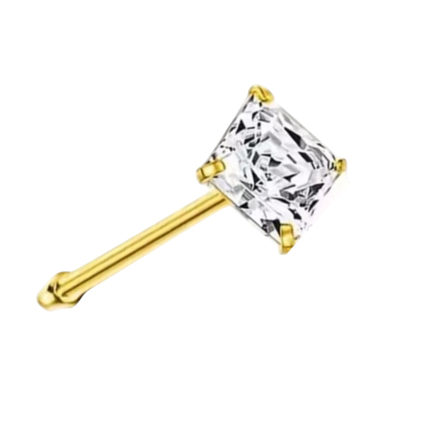 Aramat Jewels goudkleurige neuspiercing met een vierkante 3mm zirkonia steen op een recht roestvrijstalen staafje.