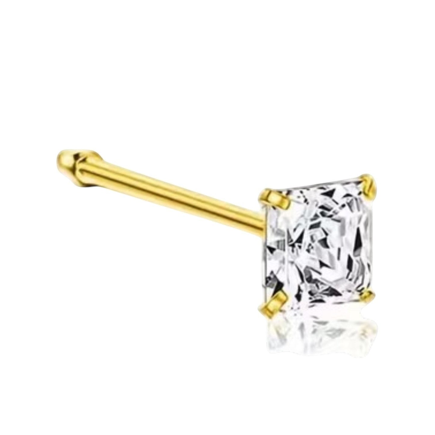 Aramat Jewels goudkleurige neuspiercing met een vierkante 3mm zirkonia steen op een recht staafje van roestvrij staal.