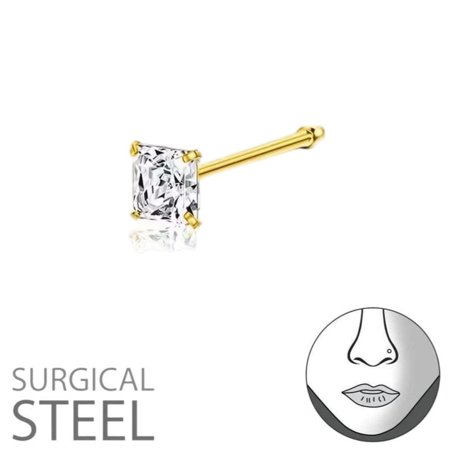 Aramat Jewels goudkleurige neuspiercing met een vierkante 3mm zirkonia steen op een recht staafje van roestvrij staal.