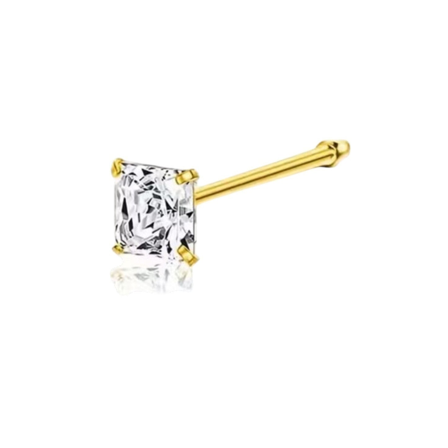 Aramat Jewels goudkleurige neuspiercing met een vierkante transparante zirkonia van 3mm op een recht stalen staafje.