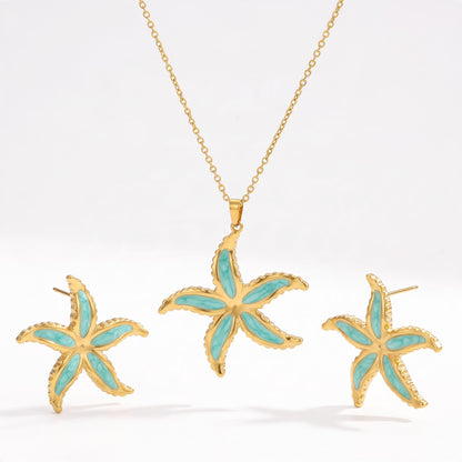 Aramat Jewels goudkleurige RVS sieradenset met zeesterhanger en bijpassende oorbellen met turquoise emaille