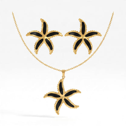 Aramat Jewels goudkleurige RVS sieradenset met zeesterhanger en bijpassende oorbellen met zwart emaille