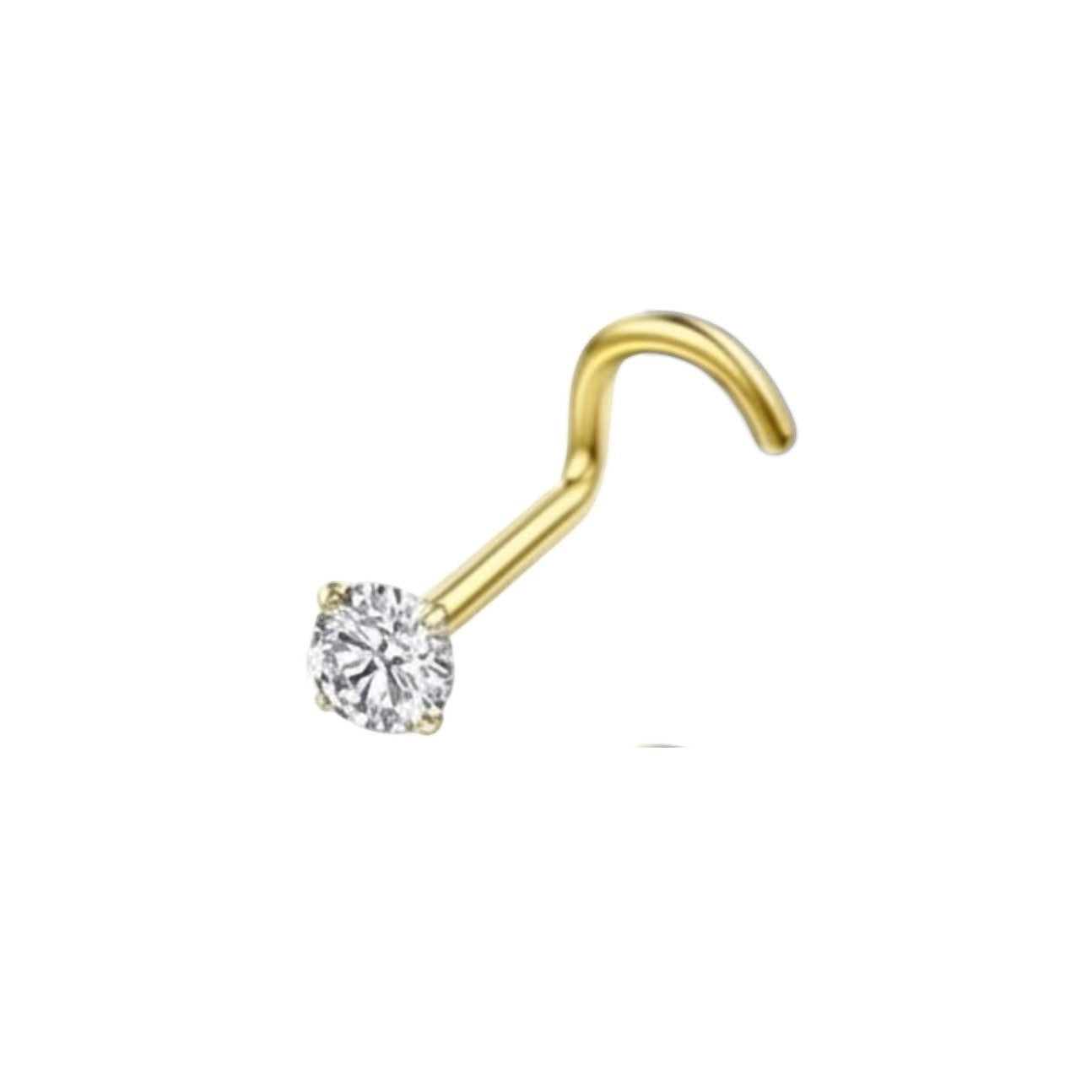 Aramat Jewels goudkleurige neuspiercing van chirurgisch staal met een transparante zirkonia steen en S-staafje.