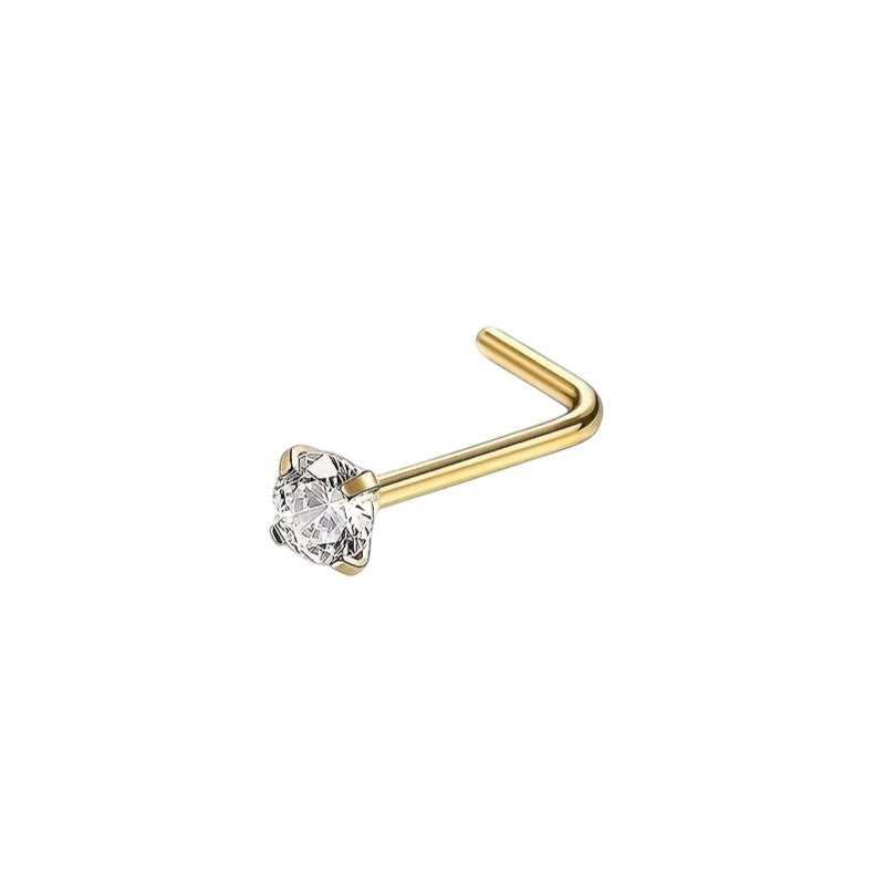 Aramat Jewels goudkleurige neuspiercing met transparante zirkonia steen op een L-vormig staafje van chirurgisch staal.