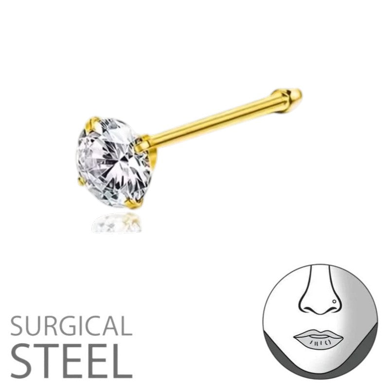 Aramat Jewels goudkleurige neuspiercing van chirurgisch staal met een transparante zirkonia op een recht staafje