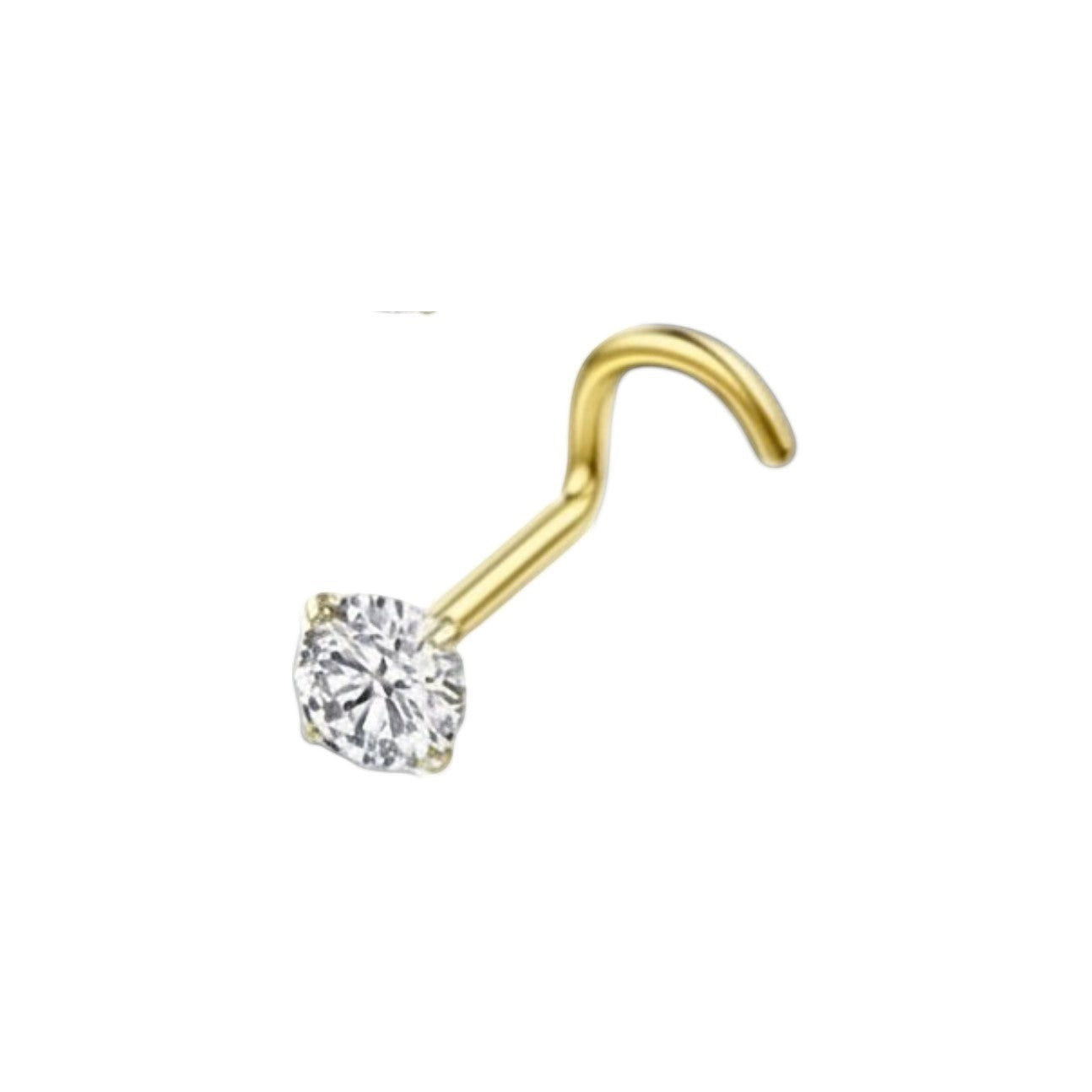 Aramat Jewels goudkleurige neuspiercing met transparante zirkonia steen en S-vormig staafje van chirurgisch staal.