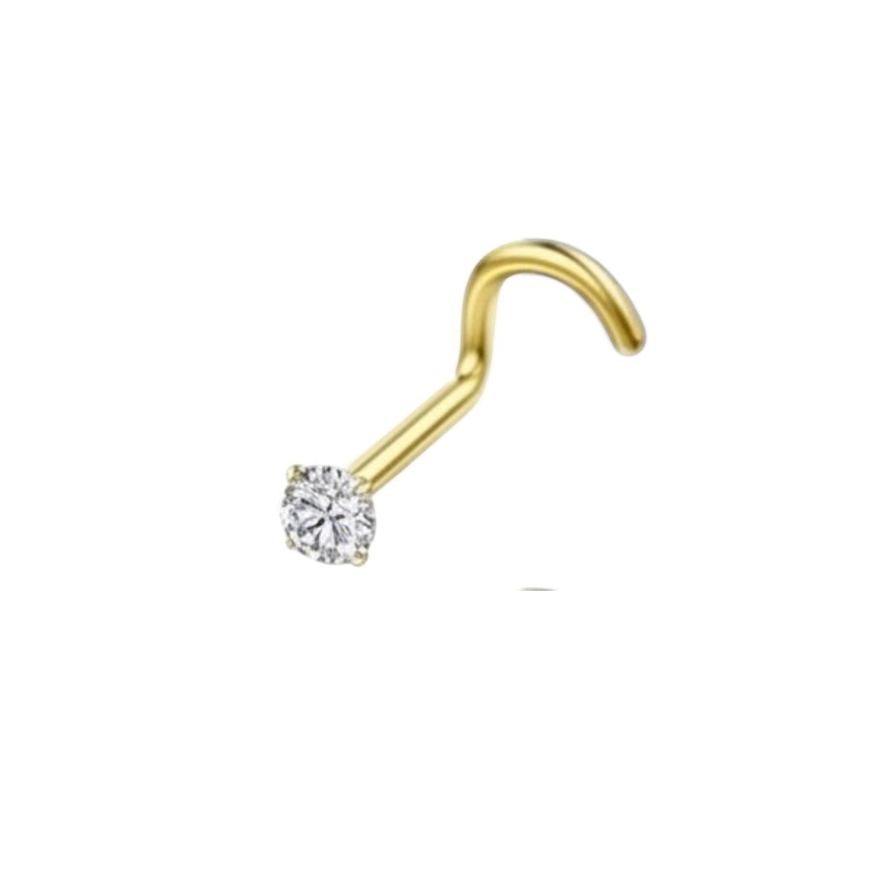 Aramat Jewels goudkleurige neuspiercing van chirurgisch staal met een transparante zirkonia steen en S-vormig staafje.