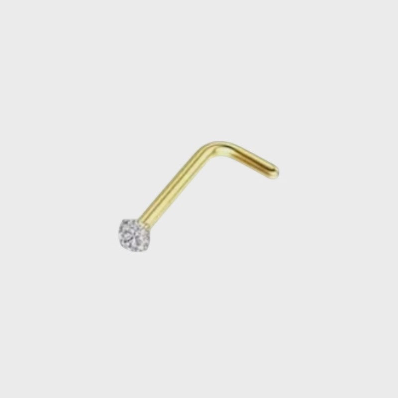 Aramat Jewels goudkleurige neuspiercing met transparante zirkonia steen op een L-vormig staafje van chirurgisch staal