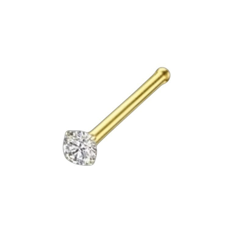 Aramat Jewels goudkleurige neuspiercing met transparante zirkonia op een recht staafje van chirurgisch staal.
