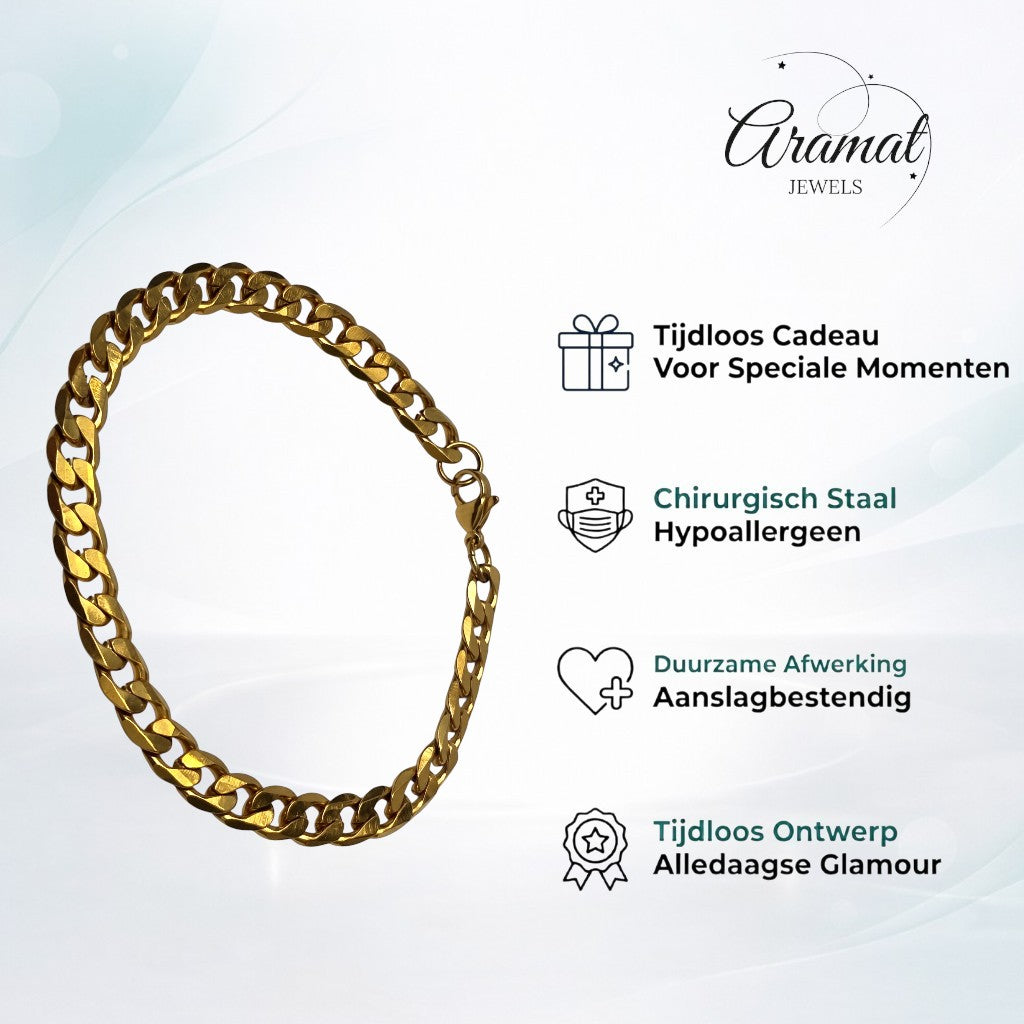 Aramat Jewels gourmet schakel armband in goudkleurig staal, 21cm lang en 7mm breed, met karabijnsluiting.