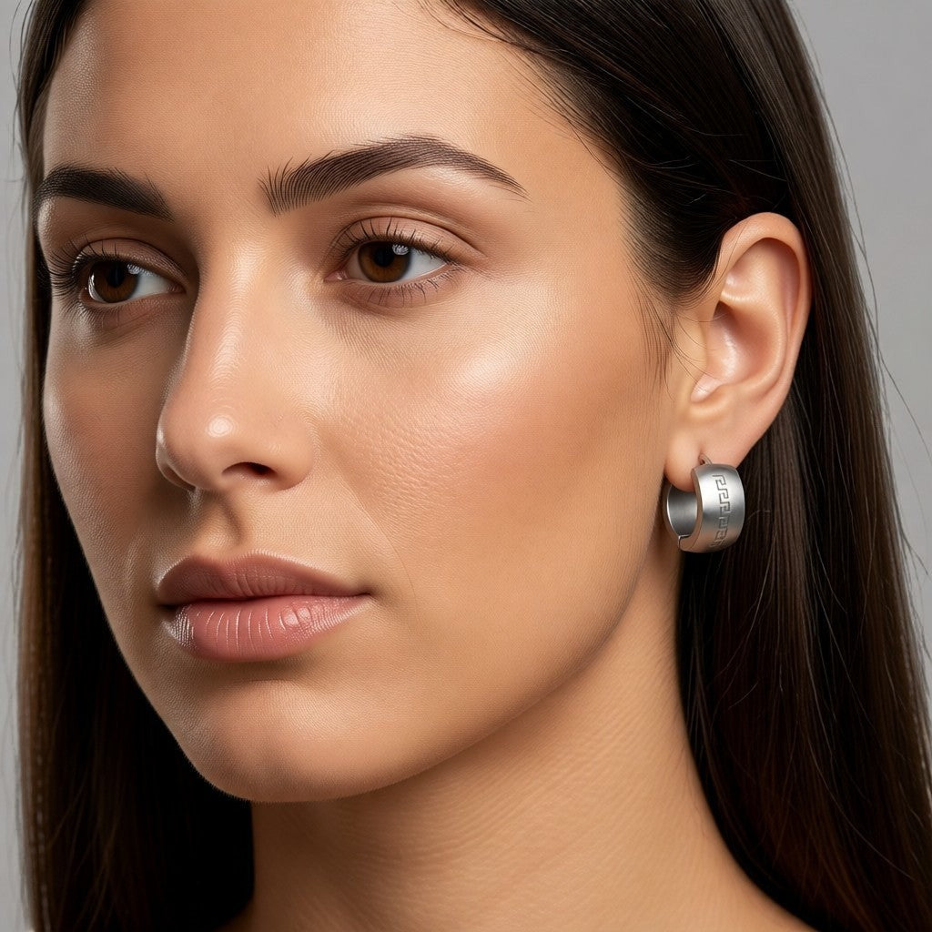 Aramat Jewels silver-coloured stainless steel hoop earrings with Greek motif, 20mm diameter, 7mm width, high gloss finish.