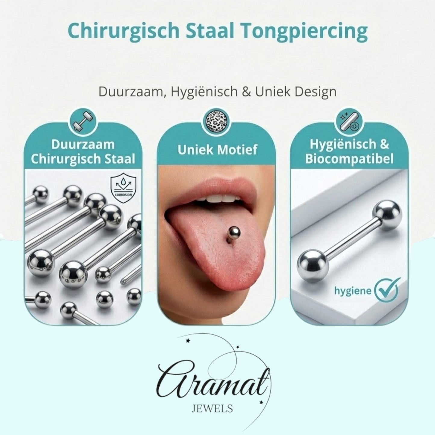 Aramat Jewels surgical steel tongue piercing with a green and blue acrylic leaf design. Features a 16mm bar and 6mm balls.