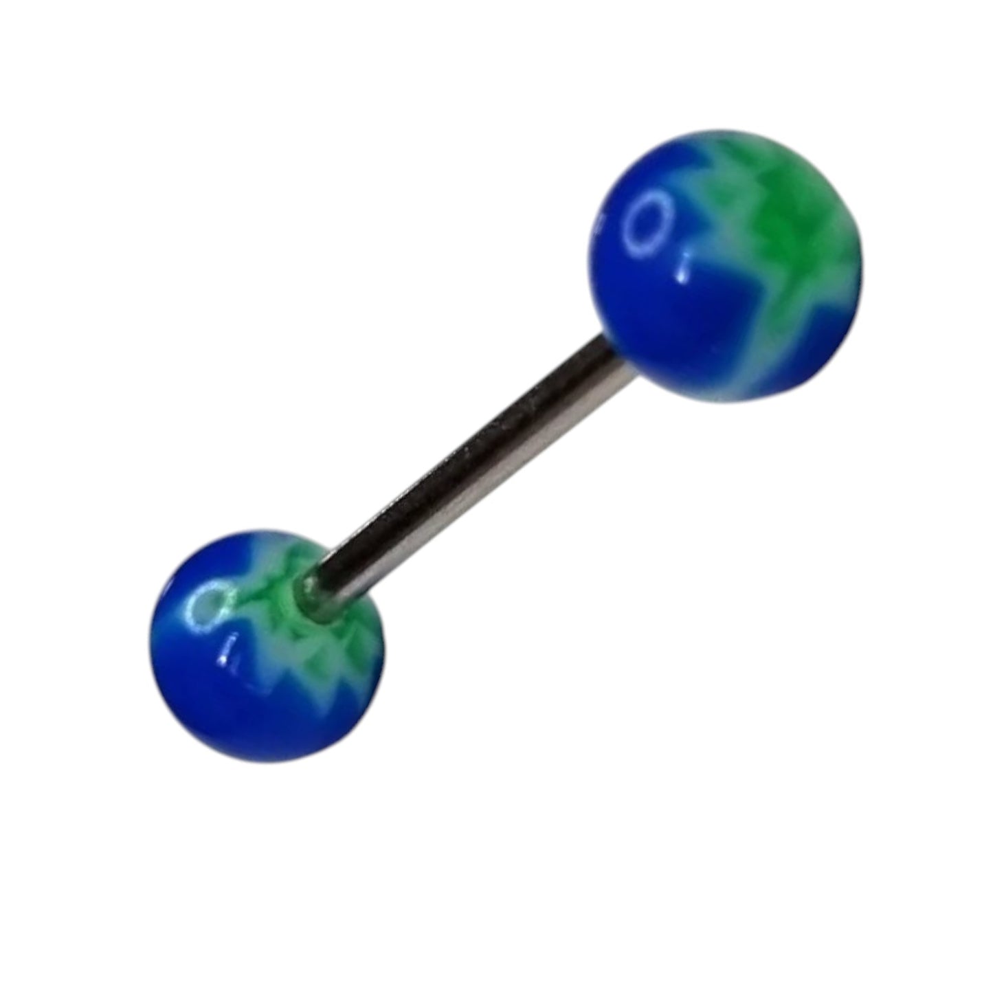 Aramat Jewels green and blue acrylic tongue piercing with a leaf design and silver barbell.