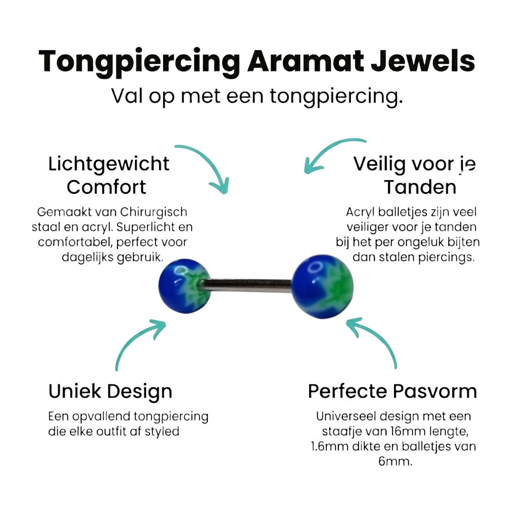 Aramat Jewels green and blue acrylic tongue piercing with a leaf design and silver barbell.