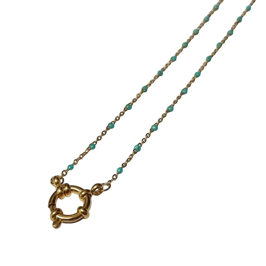 Aramat Jewels gold-tone stainless steel necklace with green enamel beads and a circular clasp.