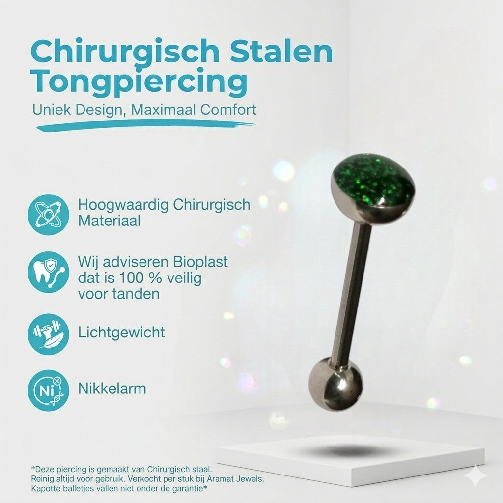 Aramat Jewels green glitter steel tongue piercing with silver balls. Features 1.6mm gauge and 16mm bar.