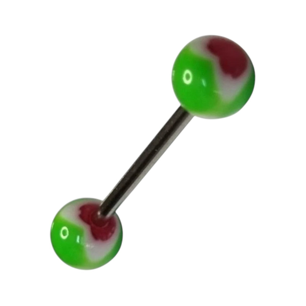 Aramat Jewels steel tongue piercing with green, white, and red acrylic heart ends. 16mm bar.