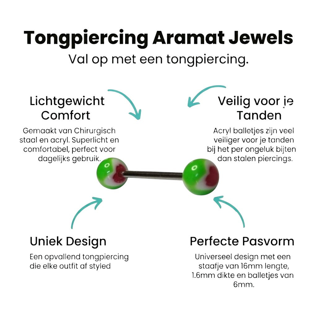 Aramat Jewels steel tongue piercing with green, white, and red acrylic heart ends. 16mm bar.