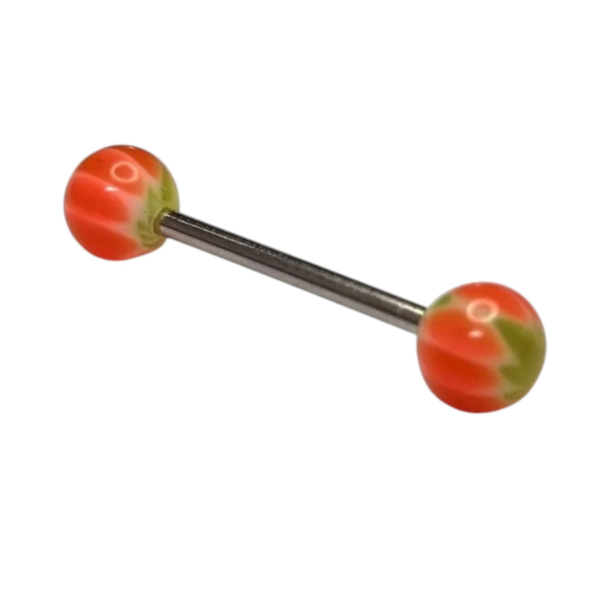 Aramat Jewels steel tongue piercing with green and orange marbled acrylic balls. Features a 16mm bar and 6mm balls.