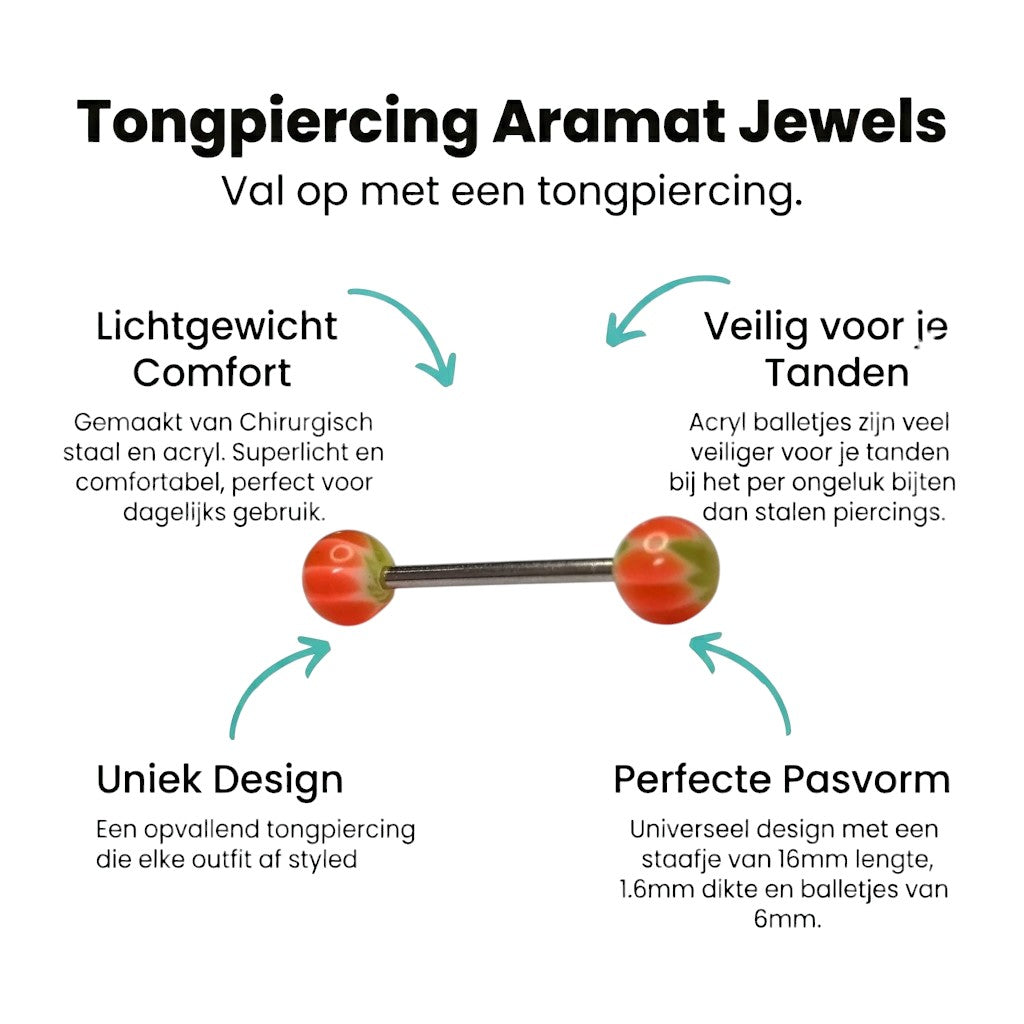 Aramat Jewels steel tongue piercing with green and orange marbled acrylic balls, 16mm bar, 1.6mm gauge.
