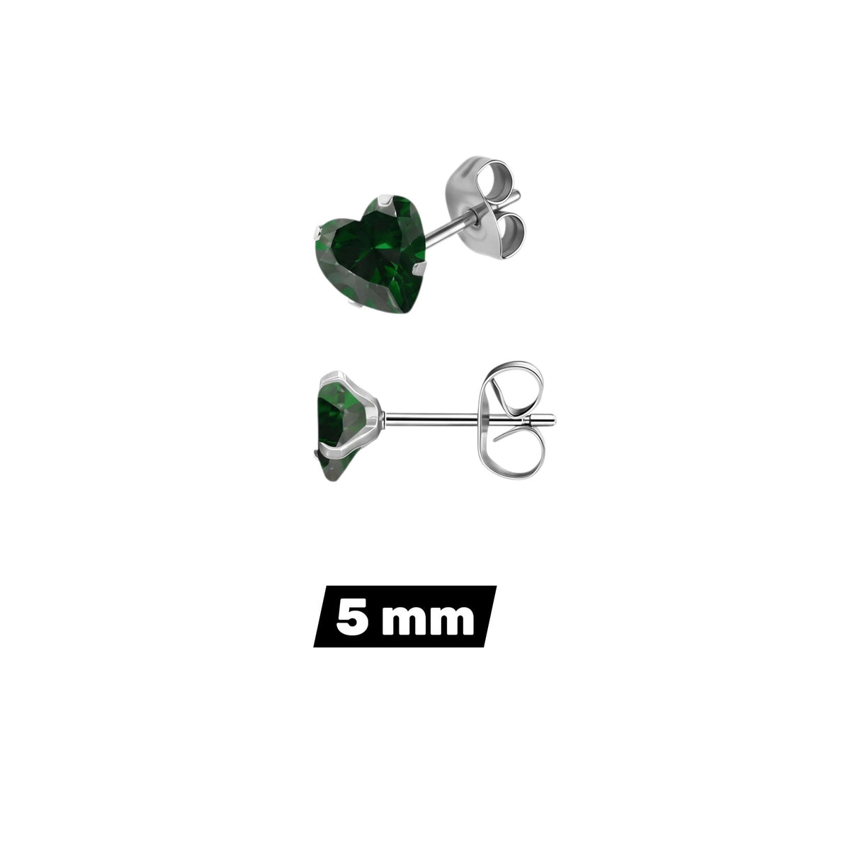 Aramat Jewels hartjes oorstekers van zilverkleurig RVS met een groene zirkonia steen in hartvorm.