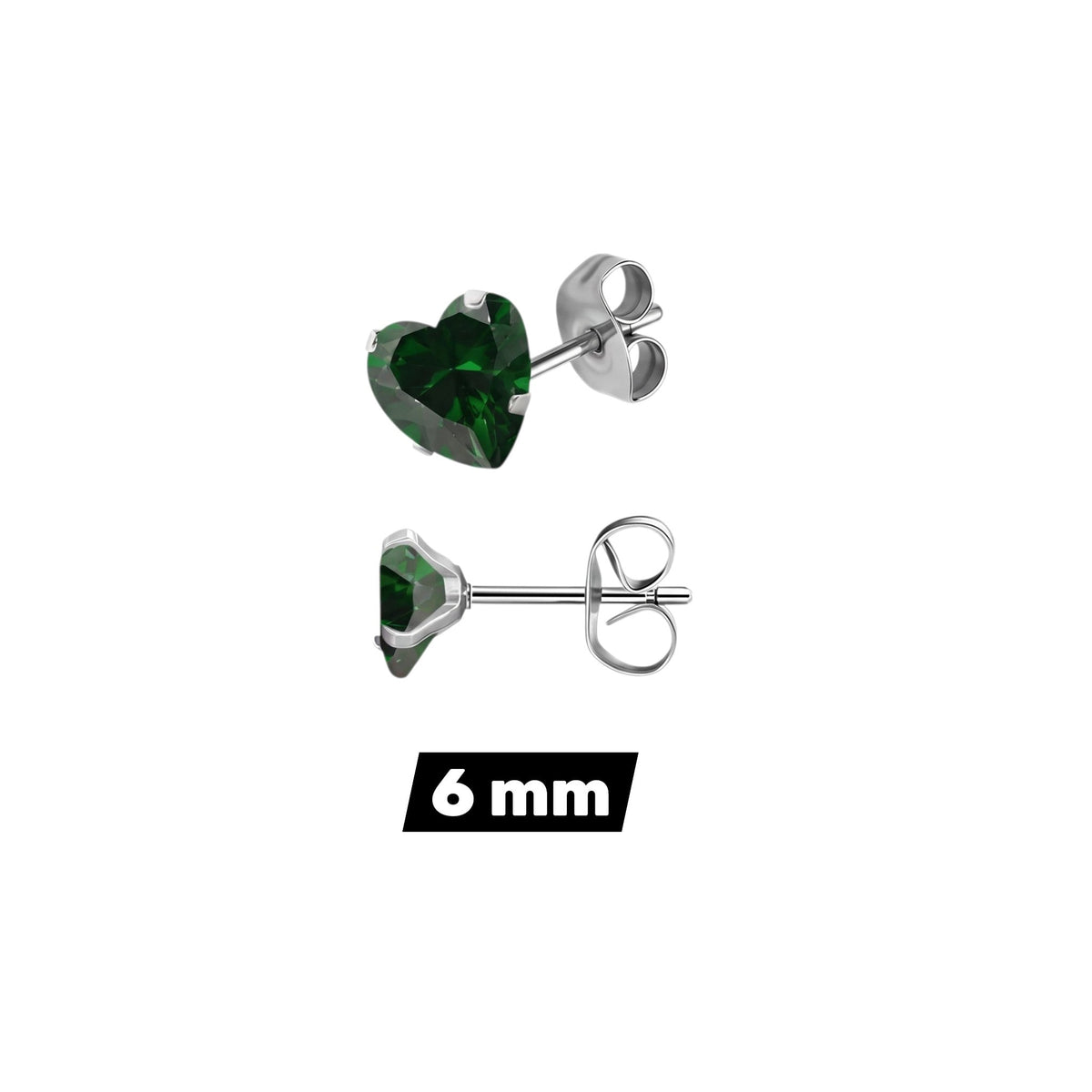 Aramat Jewels hartjes oorstekers van zilverkleurig RVS met een groene zirkonia steen in 6 mm formaat.