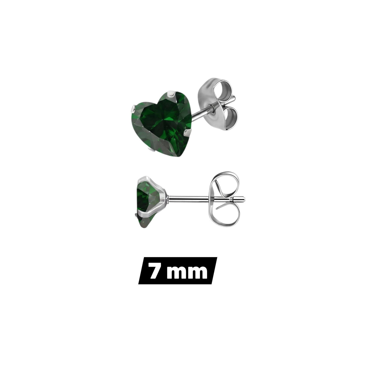 Aramat Jewels hartjes oorstekers van zilverkleurig RVS met een groene zirkonia steen in 7 mm formaat.