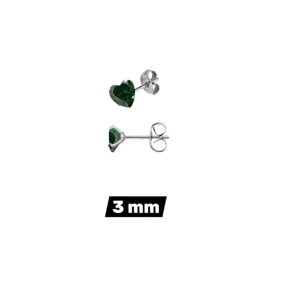 Aramat Jewels hartjes oorstekers van RVS met een groene zirkonia steen in 3mm formaat en vlindersluiting.