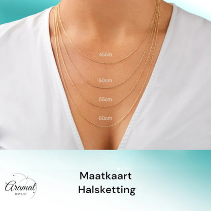 Aramat Jewels maattabel voor halskettingen met lengtes van 45cm tot 60cm op een model voor de juiste pasvorm