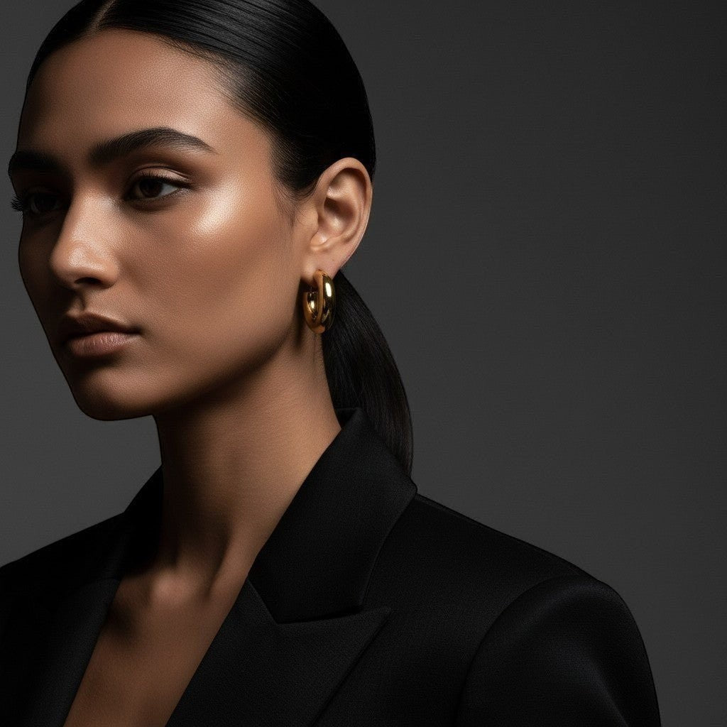 Aramat Jewels massieve gouden halve oorringen van 25x8mm, glad RVS, voor een moderne look.
