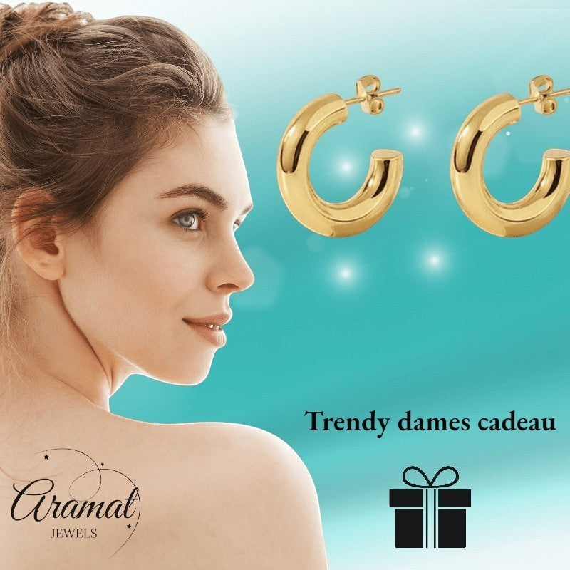 Aramat Jewels massieve gouden halve oorringen van RVS, 25x8mm, glad en chunky design.