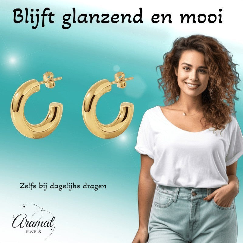 Aramat Jewels massieve gouden halve oorringen van 25x8mm, glad RVS, voor dagelijks gebruik.