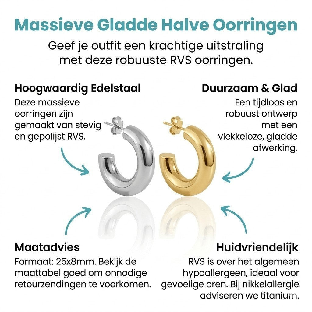 Aramat Jewels massieve halve oorringen van gepolijst RVS in zilver en goudkleur, 25x8mm