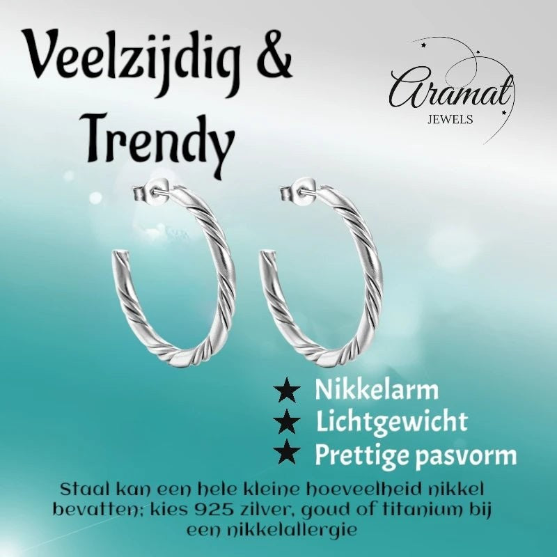 Aramat Jewels zilverkleurige halve twisted hoepel oorbellen van RVS met een gedraaid design van 30mm.