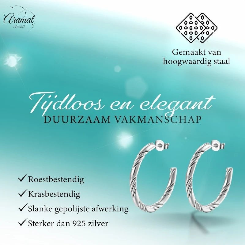 Aramat Jewels zilverkleurige halve twisted hoepel oorbellen van RVS met een elegant gedraaid design van 30mm.