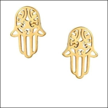 Aramat Jewels goudkleurige Hamsa oorknopjes van RVS met een verfijnd opengewerkt Handje van Fatima design.