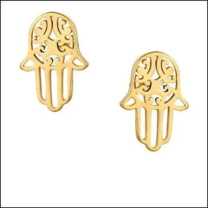 Aramat Jewels goudkleurige Hamsa oorknopjes van RVS met een verfijnd opengewerkt Handje van Fatima design.
