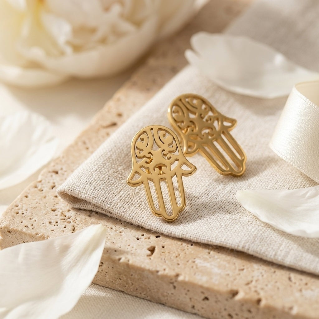 Aramat Jewels goudkleurige Hamsa hand oorknopjes van RVS met verfijnd opengewerkt design op een stenen ondergrond.