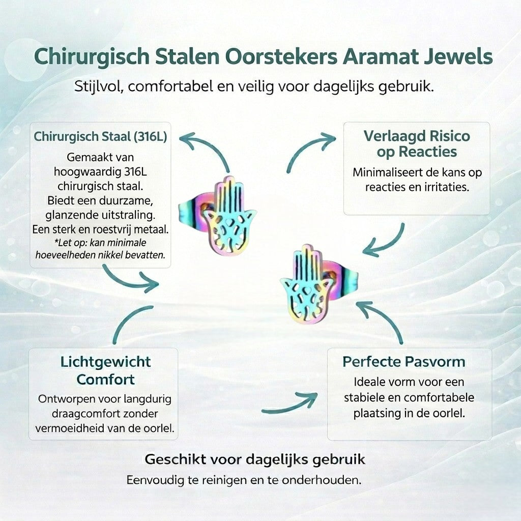 Aramat Jewels Hamsa handje van Fatima oorknopjes in regenboogkleuren van hypoallergeen RVS met opengewerkt design.