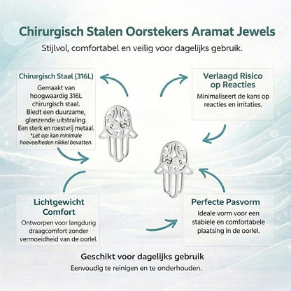 Aramat Jewels zilverkleurige Hamsa hand oorknopjes van RVS met gedetailleerd opengewerkt design voor een ear party.