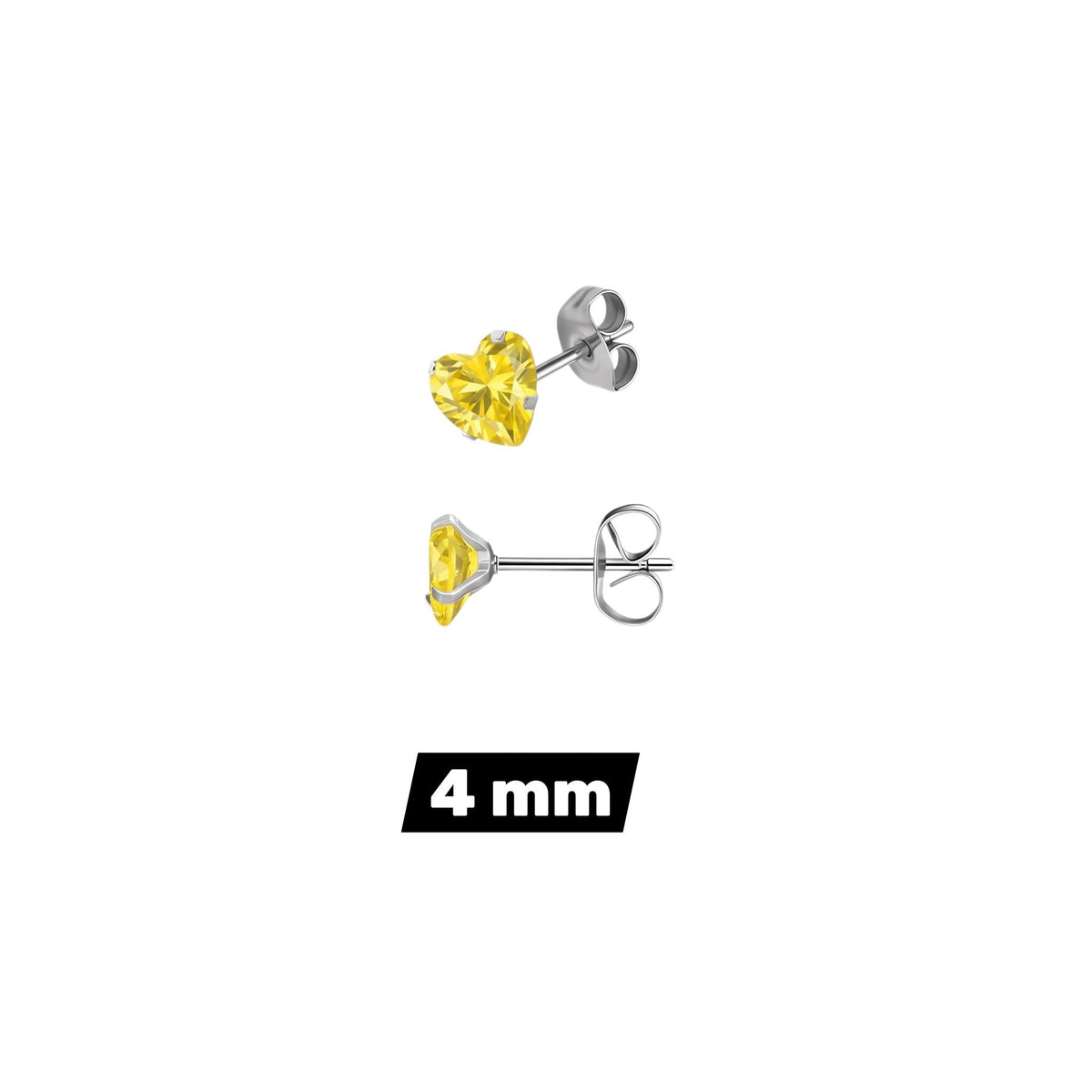 Aramat Jewels hartjes oorstekers van zilverkleurig RVS met gele zirkonia steentjes in 4 mm formaat.