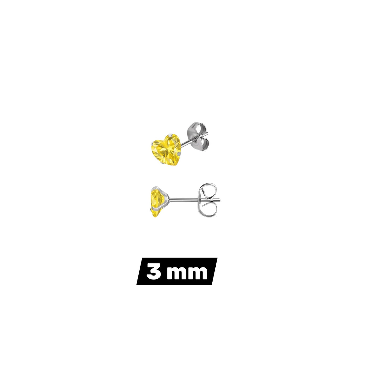 Aramat Jewels hartjes oorstekers van zilverkleurig RVS met gele zirkonia steentjes in 3mm formaat.